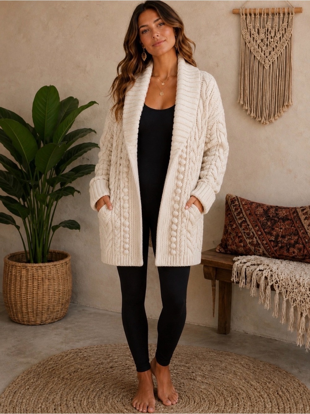 Marciano Cream Cable-Knit Long Open-Front Cardigan